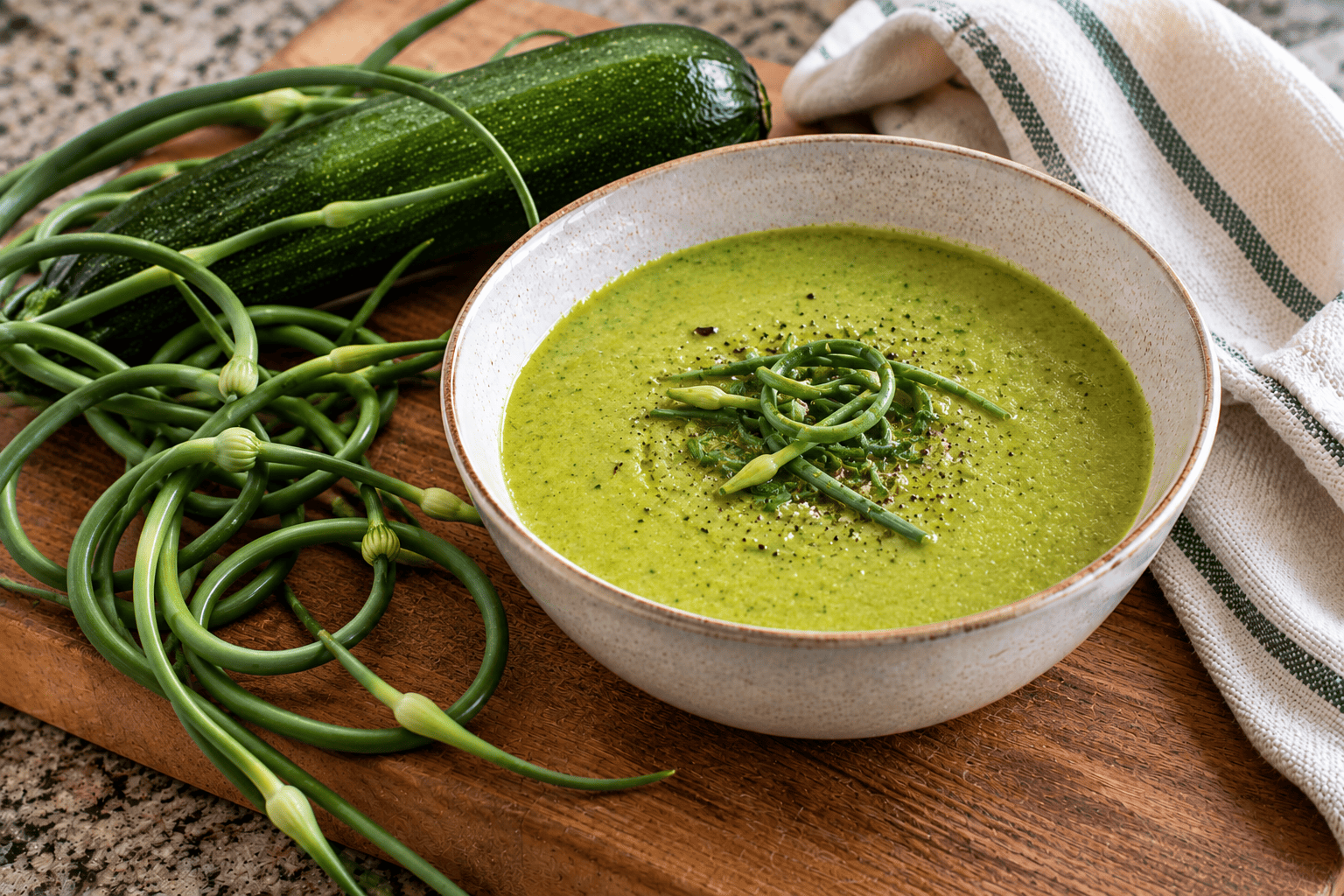 Soupe crémeuse de courgette aux fleurs d’ail